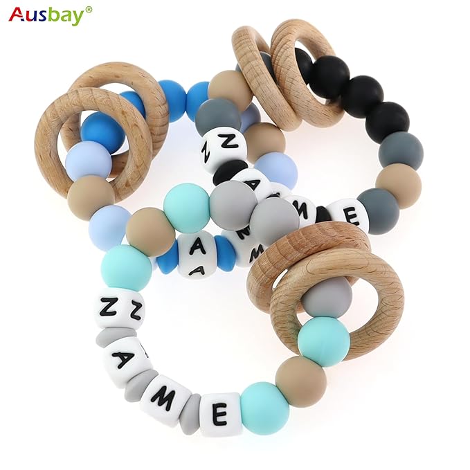 Personalized Baby Rattle and Teether Ring Toy for Boys and Girls Gift,Custom Name Rattle Toy Newborn Teether Ring (Oatmeal)