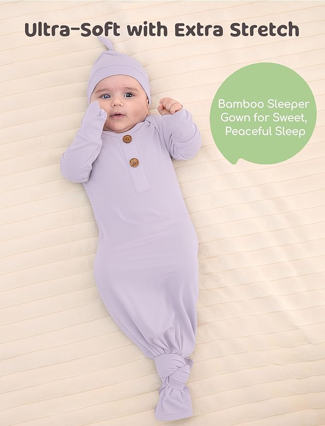 PATPAT Baby Sleeper Gown with Bamboo Viscose for Newborn Girls Boys, Knotted Nightgown with Mittens for Infant Home Coming