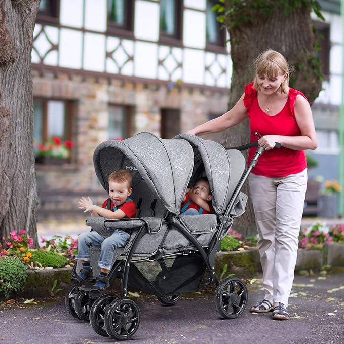 BABY JOY Double Stroller, Foldable Lightweight Twin Stroller with Tandem Seating, Adjustable Backrest/Canopy/Footrest, 5-Point Harness, Storage Basket, Newborn and Toddler (Gray)