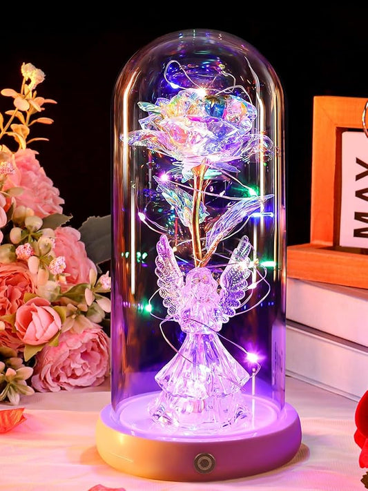 Birthday Gifts for Women Angel Rose USB Rechargeable Light Up Flowers in Glass Dome,Preserved Flowers Grandma Mom Gifts from Daughter Angel Figurines for Anniversary Mothers Day