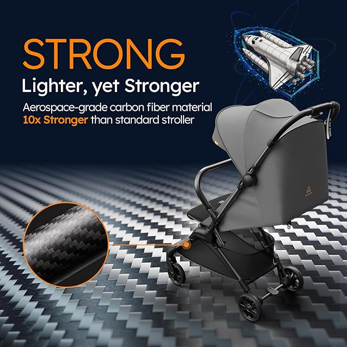 Lightweight Baby Strollers for Airplane, Ultra-Compact Travel Stroller, Light & Strong Portable Toddler Stroller with Carbon Fiber Frame and UPF 50+ Waterproof Canopy, Only 9.9 lbs, Black