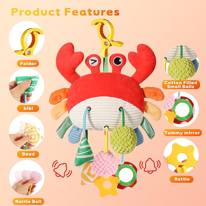 Car Seat Toys for Babies 0-6 Months, Carseat Toys Hanging with Clamp, Mirror, Bell, Rattles, Crinkle, Baby Crab Stroller Toy for Infant Boys & Girls