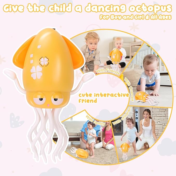 Dancing Octopus Baby Toy, Tummy Time Toys, with Music and Led Light, Automatically Avoids Obstacles, Crawling Toy Suitable for Birthday Gifts for Toddlers Over One Month Old(Yellow)