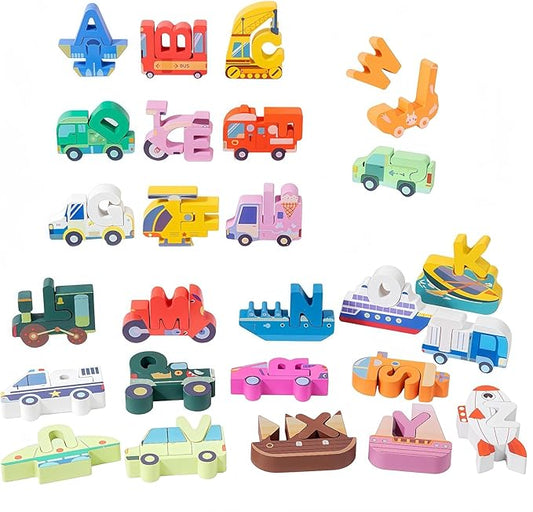 52 Pieces Wooden Alphabet Transportation Puzzle for Kids Ages 3+, ABC Learning Toys with Vehicles, Montessori Educational Toy for Toddlers, CPC Certified Alphabet Blocks for Boys and Girls