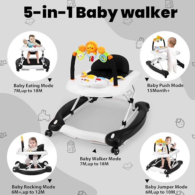 Baby Walker, 5-in-1 Baby Walkers for Boys and Girls 6-12 Months with Bouncer, Removable Footrest, Feeding Tray & Music, Foldable & Adjustable Activity Walker for 6-18 Months Toddler Infant