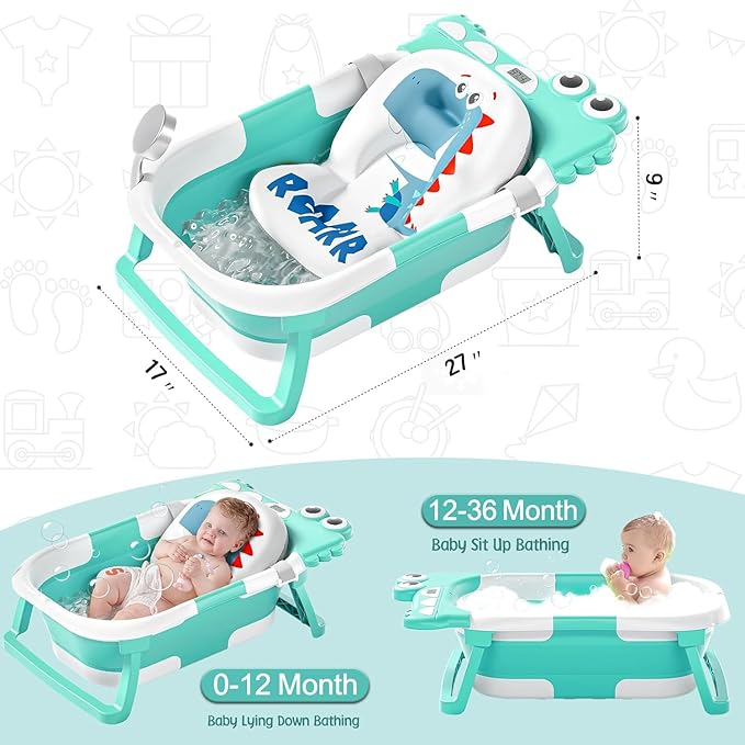 TPN Collapsible Baby Bathtub, Baby Bath Tub with Soft Cushion & Real-Time Thermometer, Baby Bathtub Infant to Toddler Tub (0-36 Months), Portable Newborn Travel Bath tub