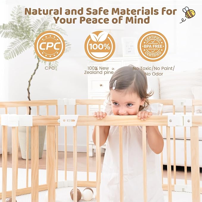 Wooden Playpen & Play Yards for Babies and Toddlers, 67 * 67inch Foldable Wood Baby Play Fence with Locking Gate, Kids Activity Area Center Indoor Outdoor, Pinewood
