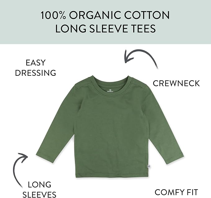 HonestBaby 5-Pack Long Sleeve T Shirts 100% Organic Cotton for Toddler, Little Kids Boys, Girls
