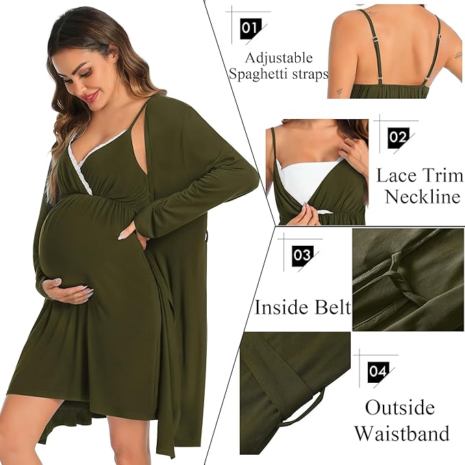 SWOMOG Womens Maternity Robe 2 Piece Nursing Nightgown for Breastfeeding 3 in 1 Labor Delivery Nursing Dress Lace Bathrobe