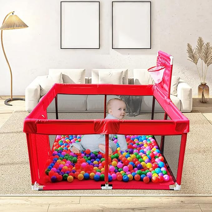 Portable Large Baby Ball Pit Playpen Playard Fence with Basketball Hoop Breathable Mesh for Indoors Outdoors Infant Toddler Kids Large