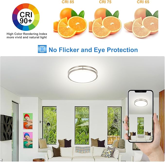 DLLT Flush Mount LED Ceiling Light: 16 Inch 5CCT (3000K-6000K) & Dimmable Ceiling Light Fixtures for Bedroom Hallway - 36W Modern Brushed Nickel Super Bright Kitchen Lighting Fixtures Ceiling