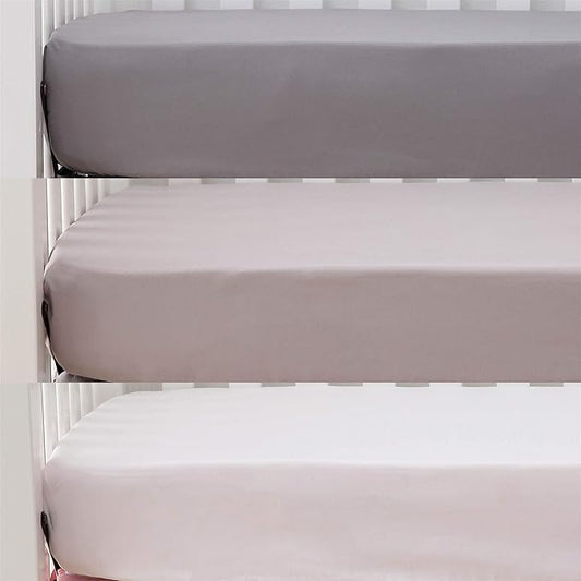 Belsden 3 Pack Microfiber Durable Crib Sheets Fitted, Silky Soft Smooth Breathable Baby Sheets Set for Boys Girls, 28''x 52'' Fits Standard Crib and Toddler Mattresses, White + Gray + Lt Gray