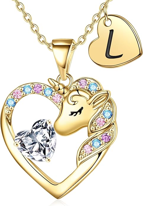 Unicorn Necklace Gifts for Girls Kids - Colorful CZ Heart Initial Necklaces Unicorn Necklace for Girls Jewelry Birthday Gifts for Little Girl Kids