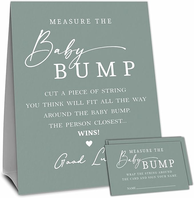 Dark Green Baby Shower Measure The Baby Bump, Measure Mommy's Belly Game Set - 1 Self-Standing Sign And 50 Tickets - Gender Reveal, Baby Shower, Baby Announcement Activity & Party Favor Supplies - A12