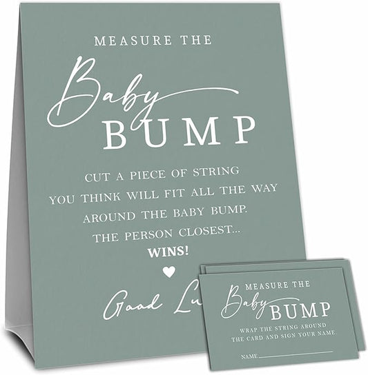 Dark Green Baby Shower Measure The Baby Bump, Measure Mommy's Belly Game Set - 1 Self-Standing Sign And 50 Tickets - Gender Reveal, Baby Shower, Baby Announcement Activity & Party Favor Supplies - A12