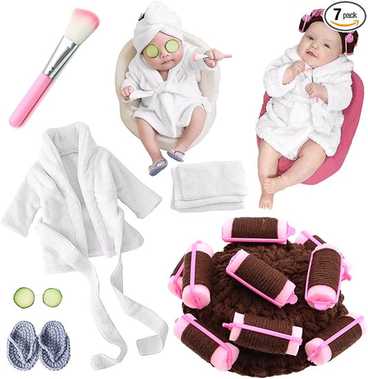 SPOKKI Newborn Photography Props Newborn Girl Photoshoot Outfits Crochet Baby Curler Hat with Makeup Brush for Infant Boys Girls (White)