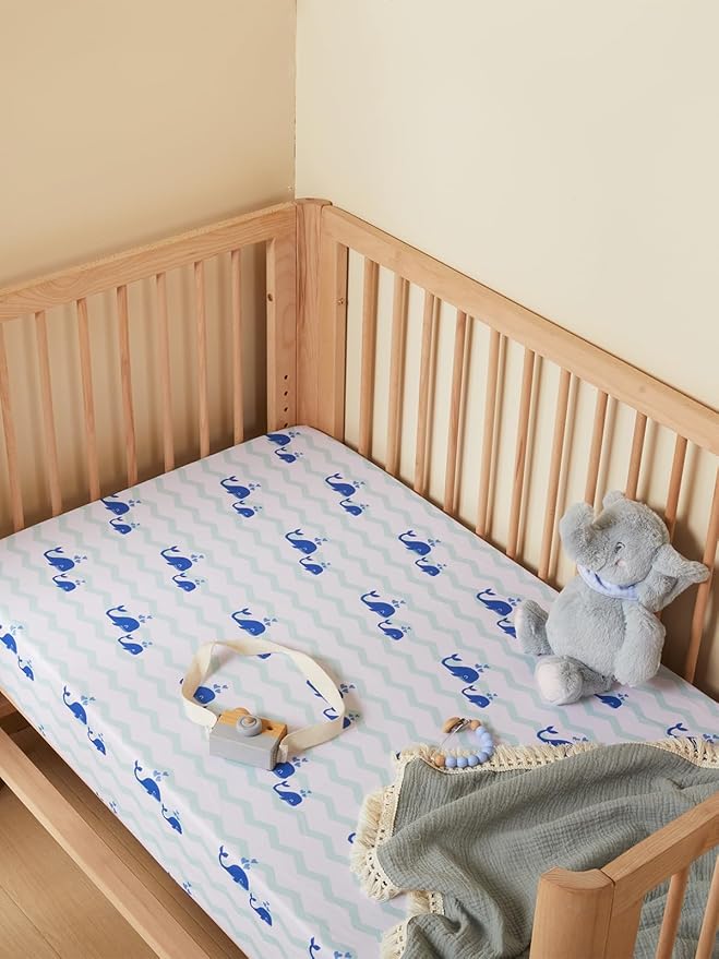 TILLYOU Baby Crib Sheets for Boys Girls, Super Soft Toddler Bed Sheets, 2 Pack Sheets for Standard Crib Mattress 28x52in, Navy Whale and Light Green
