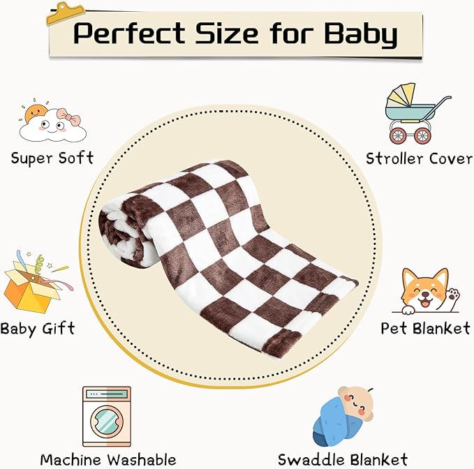 Yurhap Checkered Baby Blanket Fleece Baby Blankets Neutral for Boys Girls, Super Soft Warm Lightweight Infant Toddler Newborn Receiving Gifts for Crib Stroller, 30x40 Inch, Brown