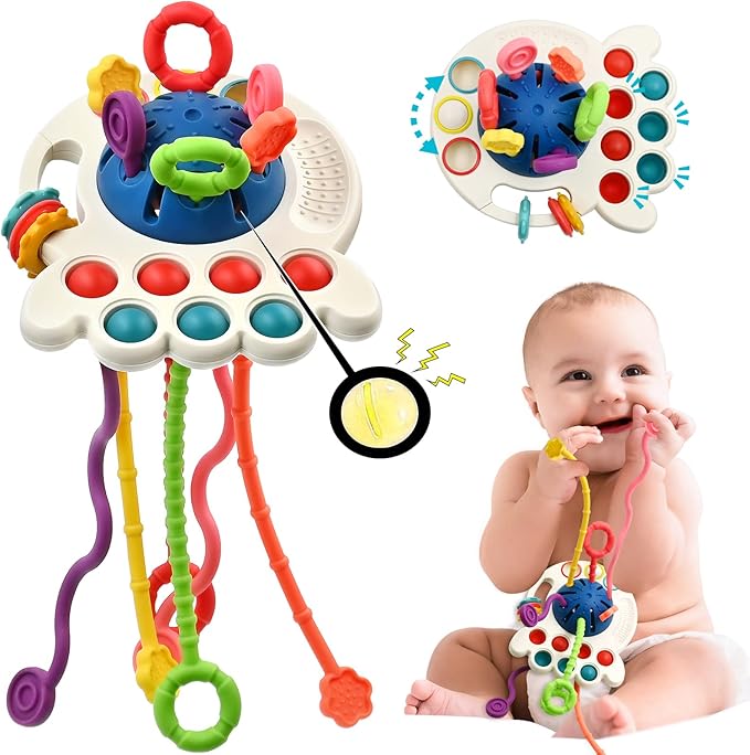 AiTuiTui Sensory Montessori Baby Toys 6-12 Months, Infant Toddler Travel Toys for 1 2 Year Old Boy Girl Birthday Gifts, Soft Teething String Fidget Educational Learning for 9 10 18 Months, Blue