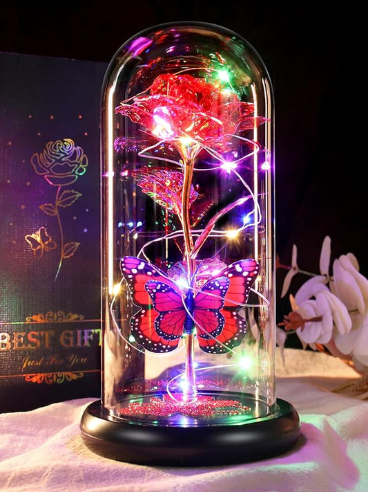 DEEMEI Birthday Gifts for Women Red Rose Eternal Flower Light Up Rose in Glass Dome with Butterfly, Flowers for Delivery Prime Anniversary Grandma Mom Gift Wife Girlfriend