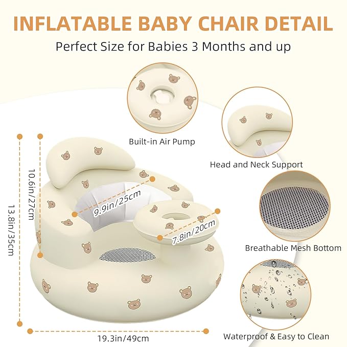 Inflatable Baby Seat with Tray, Blow up Infant Chair for Babies 3 Months and up, Comfortable Baby Floor Seats for Sitting Up, Built in Air Pump with Back Support Toddler Waterproof Sofa (Bear)