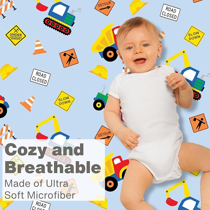 Everyday Kids Baby Boy Fitted Crib Sheet, Under Construction, 100% Soft Breathable Microfiber Baby Sheet, Fits Standard Size Crib Mattress 28in x 52in, Nursery Sheet