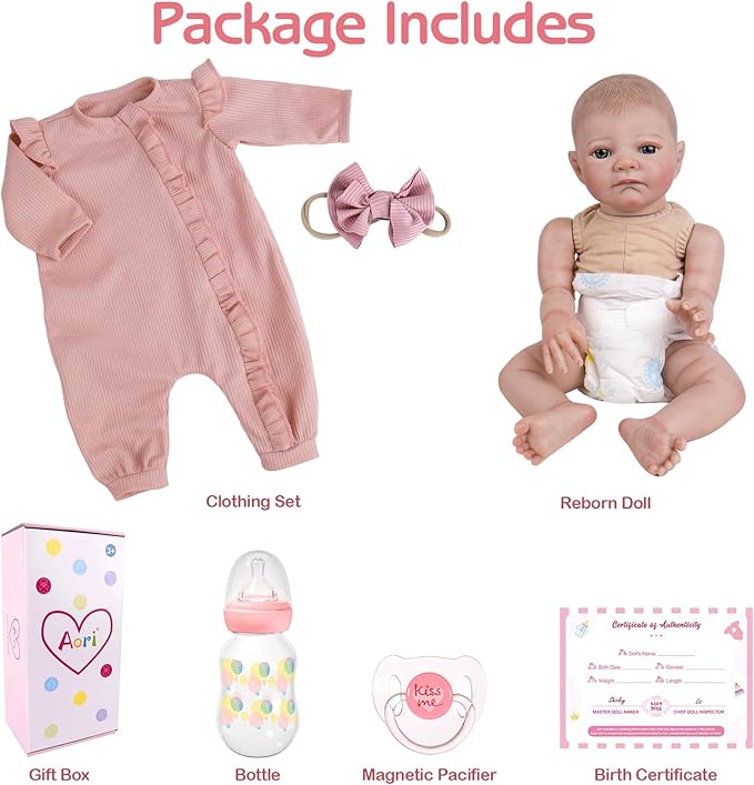 Aori Lifelike Reborn Baby Dolls - 20 Inch Ultra Realistic Girl Newborn Baby Doll with Weighted Body for Cuddling Poseable Soft Vinyl Doll Includes Pink Outfit Set for Kids 3+ Role Play