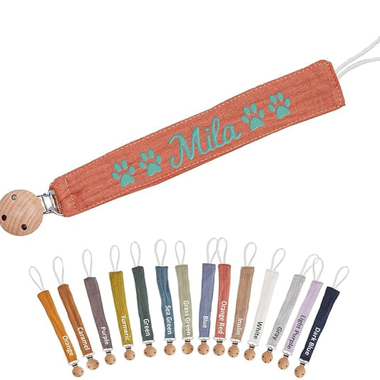 Custom Boho Pacifier Clip Holder with Embroidered Name – A Perfect Personalized Baby Baptism Gifts in Eco-Friendly Bamboo! (Orange Red)