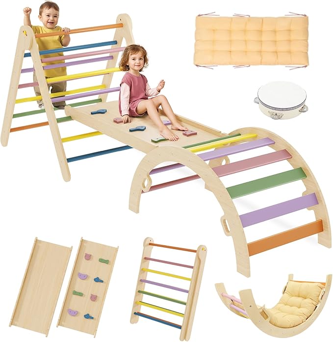 Pikler Triangle Set 7-in-1 Foldable Toddler Climbing Toys Indoor Jungle Gym with Ramp & Arch, Montessori Wooden Play Gym Climbing Frame for Toddlers 1-6 Years