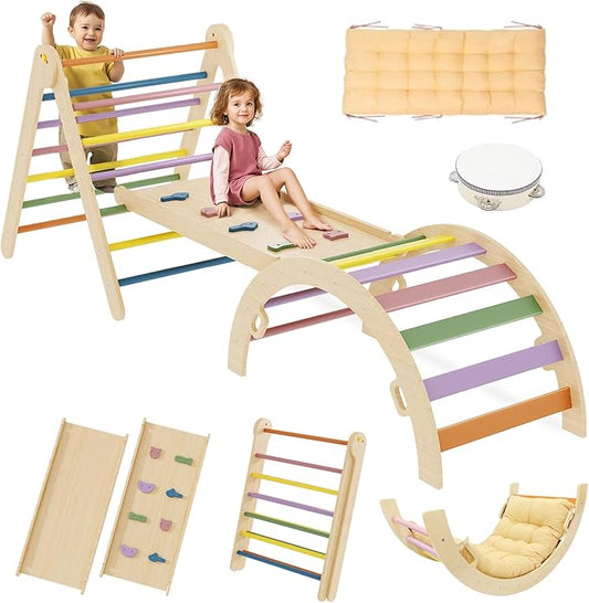 Pikler Triangle Set 7-in-1 Foldable Toddler Climbing Toys Indoor Jungle Gym with Ramp & Arch, Montessori Wooden Play Gym Climbing Frame for Toddlers 1-6 Years