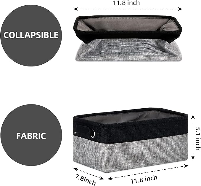 HNZIGE Storage Baskets for Storage Fabric Small Organizer Bins for Shelves,Collapsible Linen Baskets with Cloth Handles for Organizing Closet Nursery Home Shelves,Toy(Black&Gray,11.8" x 7.8" x 5.1")