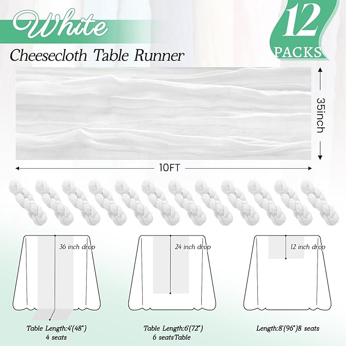 12Pack White Table Runner 10FT Cheesecloth Table Runner 35x120inch Cheese Cloth Table Runners Rustic Boho Gauze Table Runners for Party Wedding Birthday Dining Bridal Baby Shower Decor