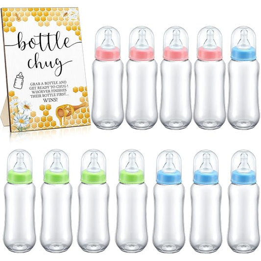 Roowest Bottle Chug Baby Shower Game Favors 12 Pcs Baby Bottles Shower Favor with 1 Wooden Sign for Gender Reveal Party Supplies Gifts(Bee)