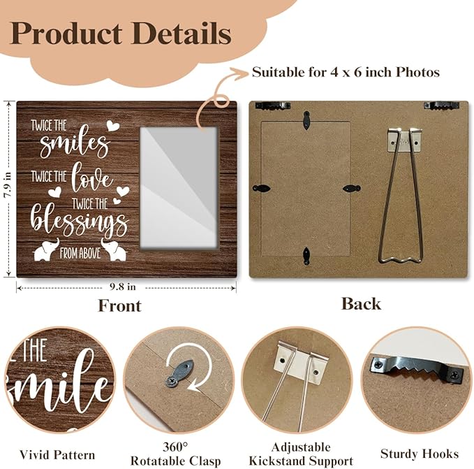 Twins Baby Picture Frame, Twice The Smiles Twice The Love, Photo Frame for New Baby, New Baby Gift Twin Baby Gifts for New Mom Dad, 4x6 Wooden Photo Frame For Wall Tabletop Display /022