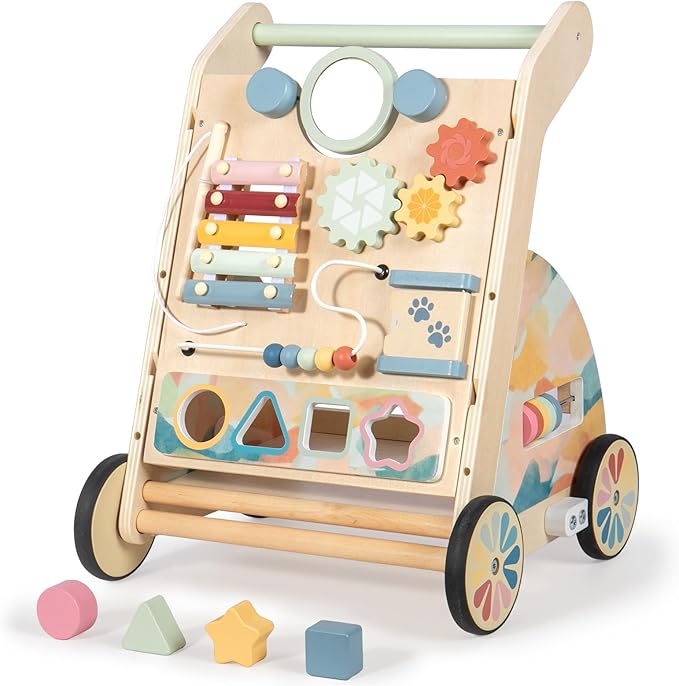 LOL-FUN Wooden Baby Walker with Detachable Busy Board, Push Walker for Baby with Adjustable Speed Wheels, Activity Learning Walker for Boys Girls 6-12 Months