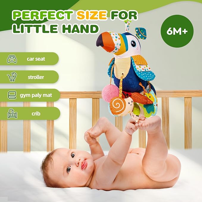 Jollybaby Musical Activity Pull String Hanging Toy for Baby Stroller Car Seat Crib Play Gym, Plush Stuffed Toucan Sensory Toys for Carseat with Music Teether Rattles, Baby Boys and Girls Gift