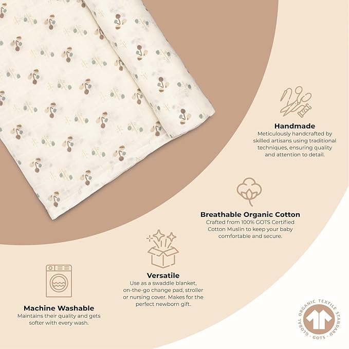 Crane Baby 100% Organic Cotton Poppy Single Baby Swaddle Wrap for Boys and Girls, Gender Neutral Newborn Swaddling Blanket, Baby Registry and Gift, 47 x 47 inches