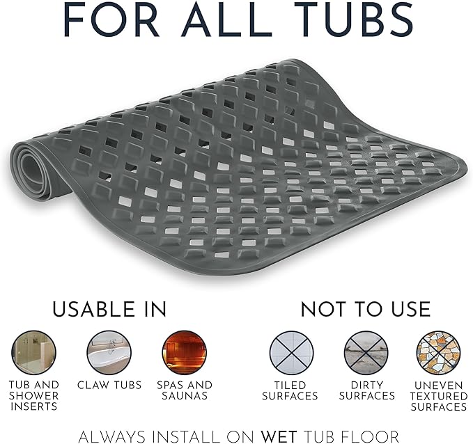 homerella® Bath Mat for Tub Non Slip Mold Resistant 35x16 - Shower Mat Non Slip Anti Mold - Bath Tub Mat Suction Cups incl. Hooks for Drying - Bathtub Mat Non Slip - ANI Slip Shower Mat Inside Tub