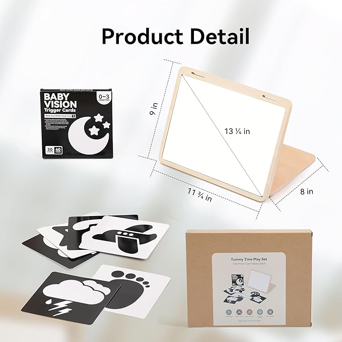 IEATFO Tummy Time Play Set Adjustable Angle, Double-Sided Design, Montessori Tummy Time Toys Large Baby Safe Mirror and Card Display Stand with Black and White High Contrast Baby Cards