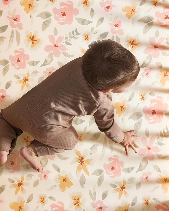 Baby Crib Sheets for Boys Girls, Fitted Crib Sheet Neutral 3 Pack for Standard Crib and Toddler Mattress, Breathable Soft Microfiber Baby Sheet 28x52x8in Pink Flowers & Leaf