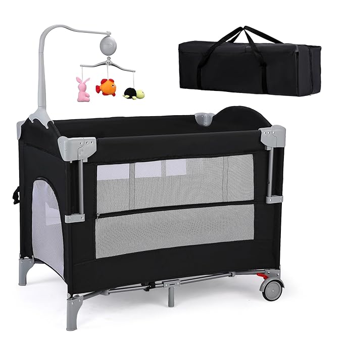 JOYMOR 4 in 1 Pack and Play, Baby Bedside Bassinet, Sturdy Play Yard with Padded Mat and Toy bar with Soft Toys