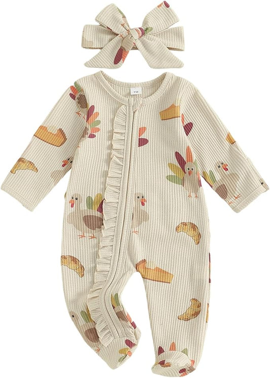 Userdefined Baby Girl Thanksgiving Outfit Ruffle Romper Turkey Rolls Print Onesie Footie Jumpsuit Fall Winter Clothes