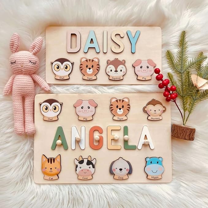 Name Puzzle for Kids Personalized, First Birthday for Baby Boy Girl, Wooden Animal Puzzles for Toddlers 1-3, Educational Toys for 1 Year Old
