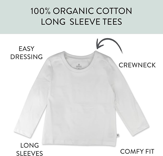 HonestBaby 5-Pack Long Sleeve T Shirts 100% Organic Cotton for Toddler, Little Kids Boys, Girls