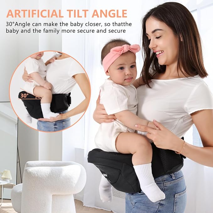 HKAI Baby Carrier Hip Seat, Mom’s Choice Award Winner, Advanced Large Capacity Pocket with Adjustable Waistband, Shock Absorption Hip Seat Surface for Newborns & Toddlers, (Black)