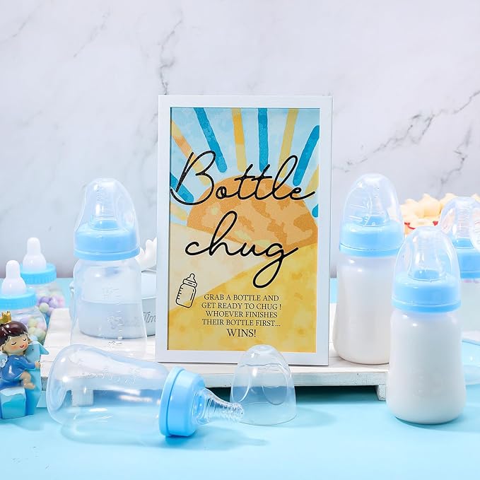 Roowest Bottle Chug Baby Shower Game Favors Including Blue Son Theme Wooden Sign and 18 Pcs Baby Bottles for Gender Reveal Party Supplies