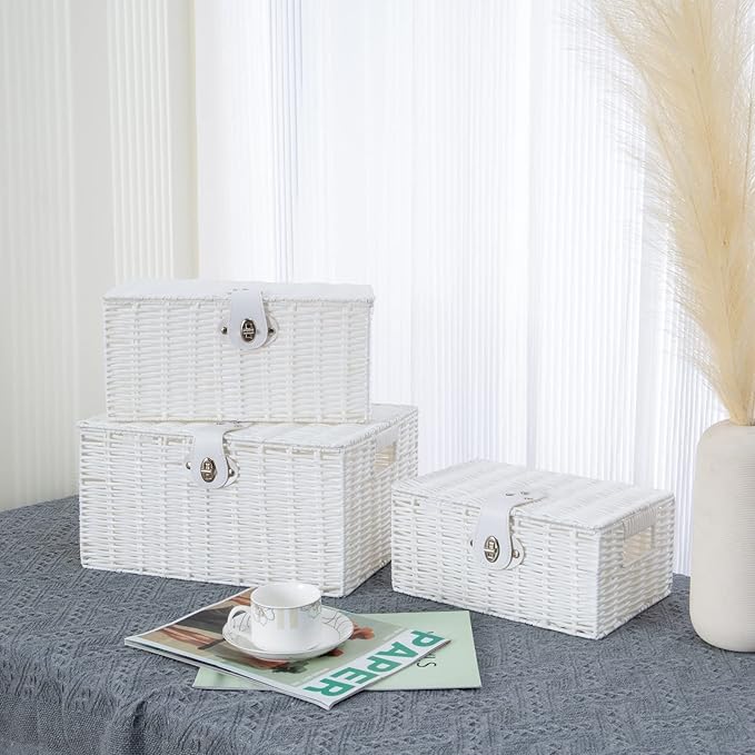 Set of 3 Woven Wicker Storage Basket Box with Lid & Lock, Built-in Carry Handles, Multifunctional Storage Organiser for Nursery, Baby, Clothes, Toys, Books, Large/Medium/Small Size (White)