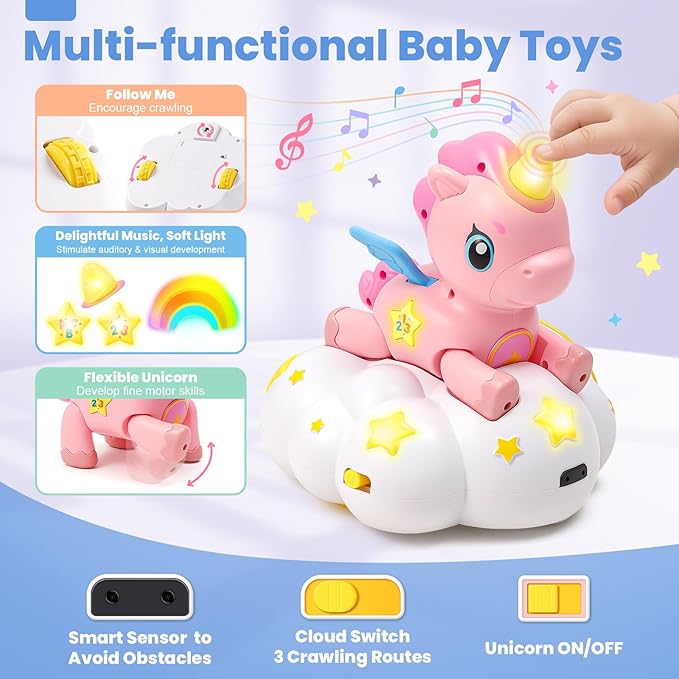 Duchong Baby Toys 6-12 Months Girls Boys, Unicorn Crawling Toys with Music, Sensory Development Learning Toy for 1 Year Old, Christmas Birthday Gifts for Toddler 9-12-18 Months