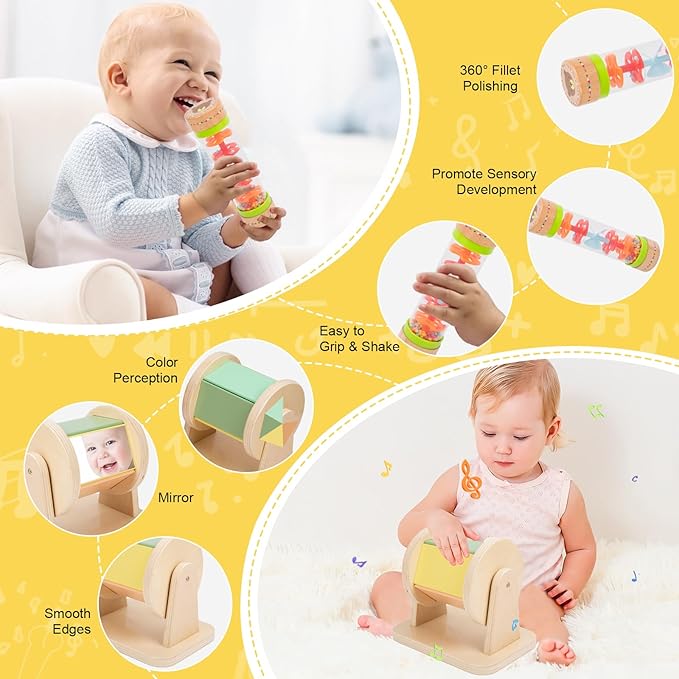 Adena Montessori Play Kit for 0-6 Month Baby,9 in 1 Learning Kit Includ Black&White Card,Rainmake Rattle,Sensory Ball,Tummy Time Wobbler,Tissue Box,Tissue,Rainbow Ball,Rainbow Drum,Suction Cup Spinner