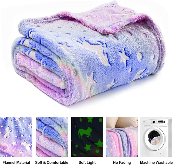 Unicorn Glow in the Dark Kids Blanket, 50"x60" Soft Fleece Throw for Girls Age 3-12